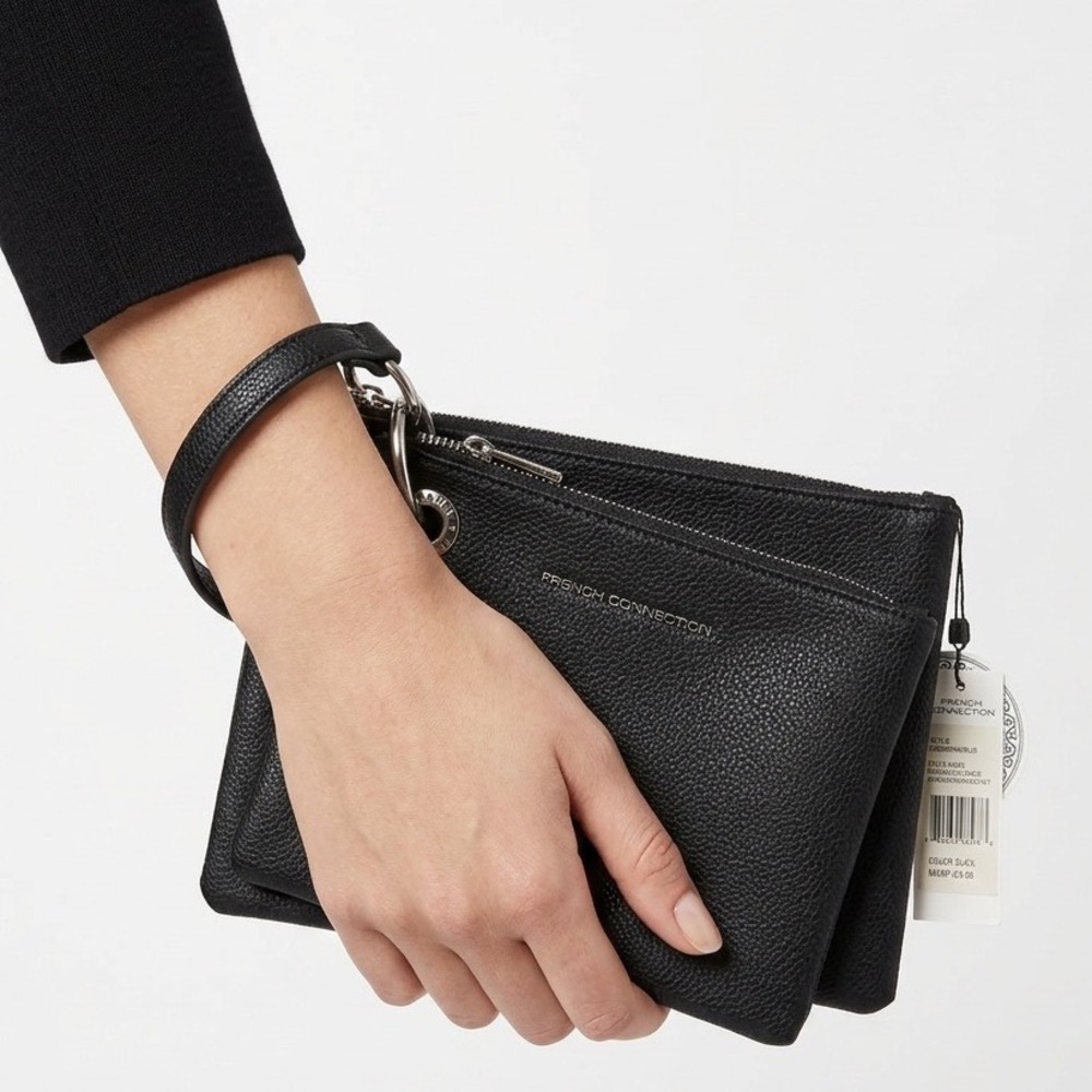 French Connection Lara Pebble Double Slim Pouches Wristlet Black